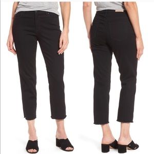 Halogen black high rise straight leg raw hem jeans